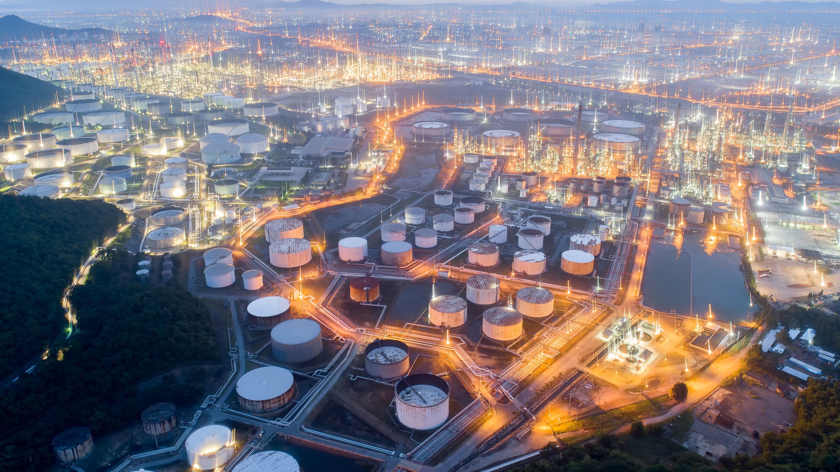 Aerial view gas storage sphere tanks in oil and gas refinery plant during sun rise morning time 2