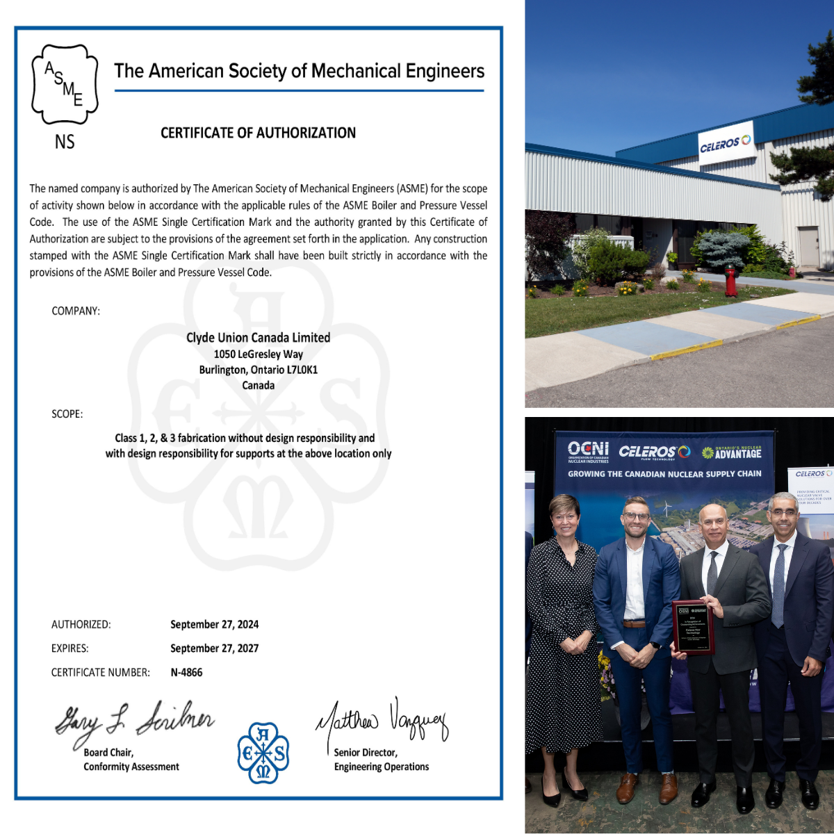 PDF of ASME Accreditation, a picture of the Burlington site and a picture of our team