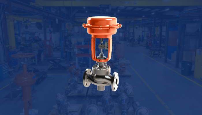 CVK Globe Control Valve on top of blue factory background
